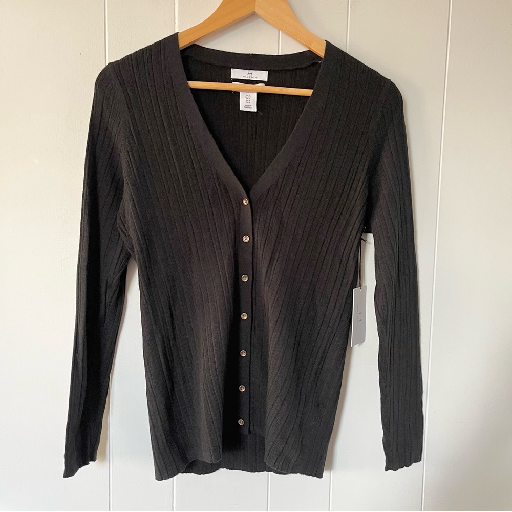 NWT Halston Extra Fine Merino Wool Ribbed Knit Cardigan Black Sweater Button new